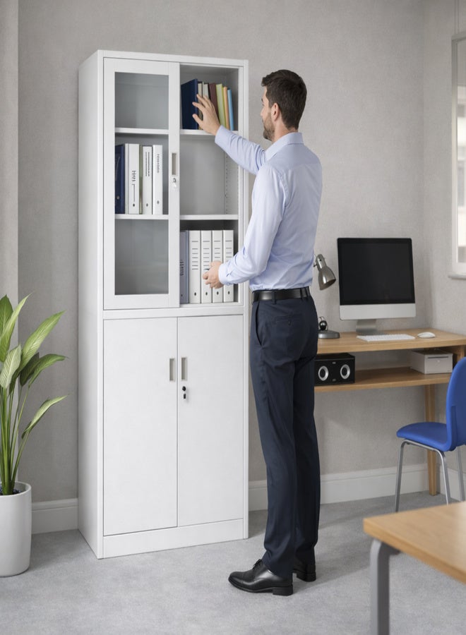 Harmony Home خزانة تخزين معدنية من هارموني هوم ببابين زجاجيين و 4 أبواب مع قفل ورفوف قابلة للتعديل - منظم معدني أبيض للمكتب، المنزل، المدرسة، الصالة الرياضية، الصالون، العيادة ودار الرعاية - أبيض - Image 2